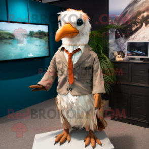 Rust Albatross mascot costume character dressed with a Suit Pants and Hair clips