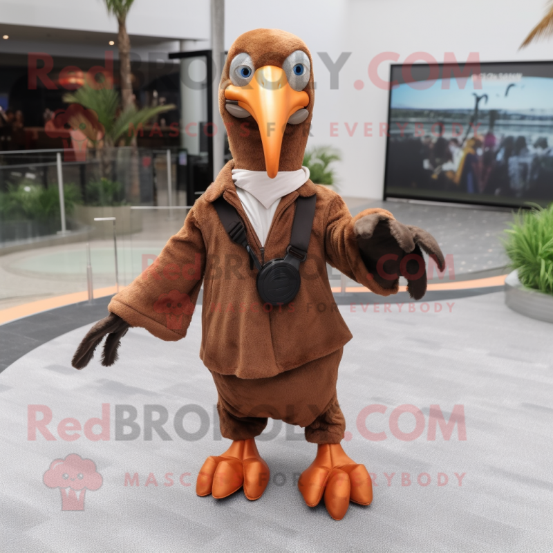 Rust Albatross mascot costume character dressed with a Suit Pants and Hair clips Rust Albatross mascot costume character dressed with a Suit Pants and Hair clips