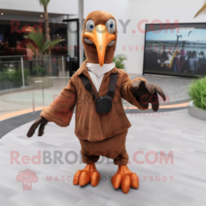 Rust Albatross mascot costume character dressed with a Suit Pants and Hair clips