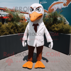 Rust Albatross mascot costume character dressed with a Suit Pants and Hair clips