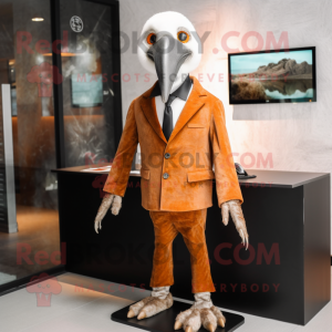Rust Albatross mascot costume character dressed with a Suit Pants and Hair clips
