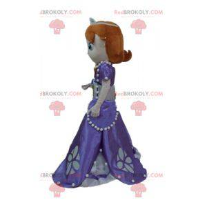 Mascotte de jolie princesse rousse avec une robe violette -