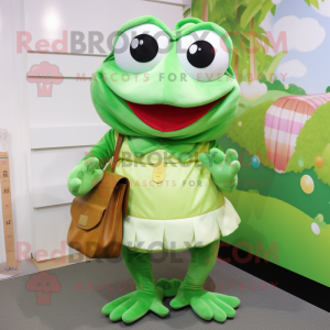 Green Frog mascot costume character dressed with a Pleated Skirt and Wallets
