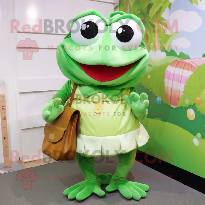 Green Frog mascot costume character dressed with a Pleated Skirt and Wallets