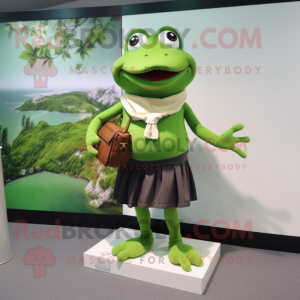 Green Frog mascot costume character dressed with a Pleated Skirt and Wallets