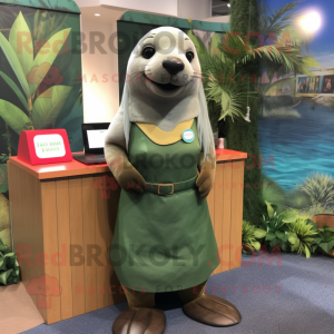 Olive Sea Lion mascot costume character dressed with a Pencil Skirt and Caps