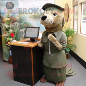 Olive Sea Lion mascot costume character dressed with a Pencil Skirt and Caps