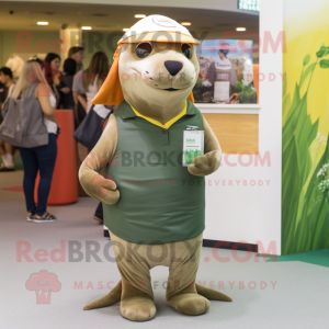 Olive Sea Lion mascot costume character dressed with a Pencil Skirt and Caps