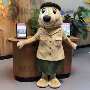 Olive Sea Lion mascot costume character dressed with a Pencil Skirt and Caps