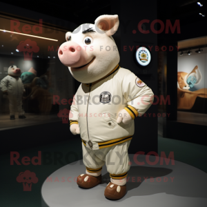 Cream Sow mascot costume character dressed with a Bomber Jacket and Brooches