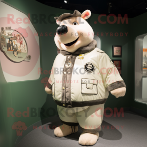 Cream Sow mascot costume character dressed with a Bomber Jacket and Brooches