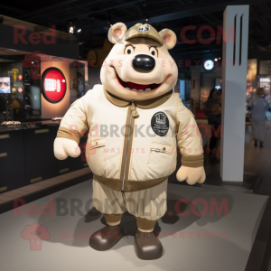 Cream Sow mascot costume character dressed with a Bomber Jacket and Brooches