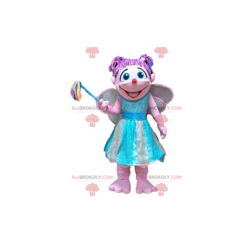 Mascot mooie roze en blauwe fee erg kleurrijk en glimlachend -