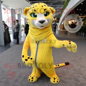 Lemon Yellow Cheetah mascot costume character dressed with a Jumpsuit and Wraps