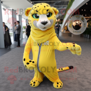 Lemon Yellow Cheetah mascot costume character dressed with a Jumpsuit and Wraps