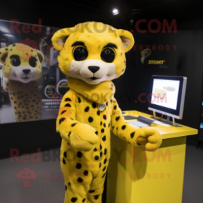 Lemon Yellow Cheetah mascot costume character dressed with a Jumpsuit and Wraps