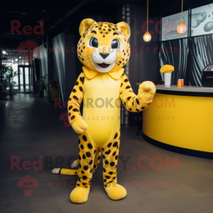 Lemon Yellow Cheetah mascot costume character dressed with a Jumpsuit and Wraps