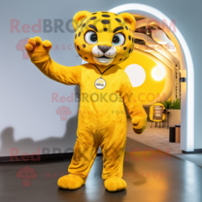 Lemon Yellow Cheetah mascot costume character dressed with a Jumpsuit and Wraps