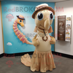 Tan Sea Horse mascot costume character dressed with a Dress and Beanies