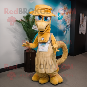 Tan Sea Horse mascot costume character dressed with a Dress and Beanies