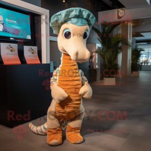 Tan Sea Horse mascot costume character dressed with a Dress and Beanies