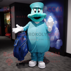 Cyan Golf Bag mascot costume character dressed with a Ball Gown and Hats