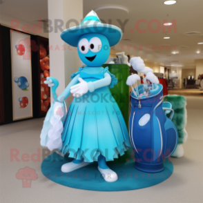 Cyan Golf Bag mascot costume character dressed with a Ball Gown and Hats