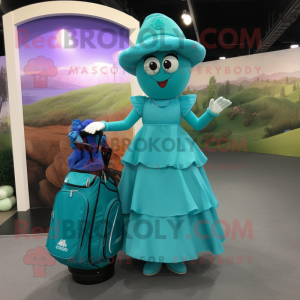 Cyan Golf Bag mascot costume character dressed with a Ball Gown and Hats