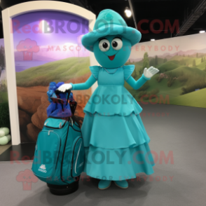 Cyan Golf Bag mascot costume character dressed with a Ball Gown and Hats