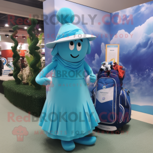 Cyan Golf Bag mascot costume character dressed with a Ball Gown and Hats