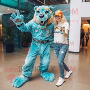 Turquoise Smilodon mascot costume character dressed with a Boyfriend Jeans and Shoe laces