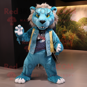 Turquoise Smilodon mascot costume character dressed with a Boyfriend Jeans and Shoe laces
