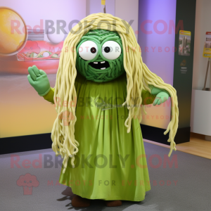 Olive Spaghetti mascot costume character dressed with a Skirt and Shawl pins