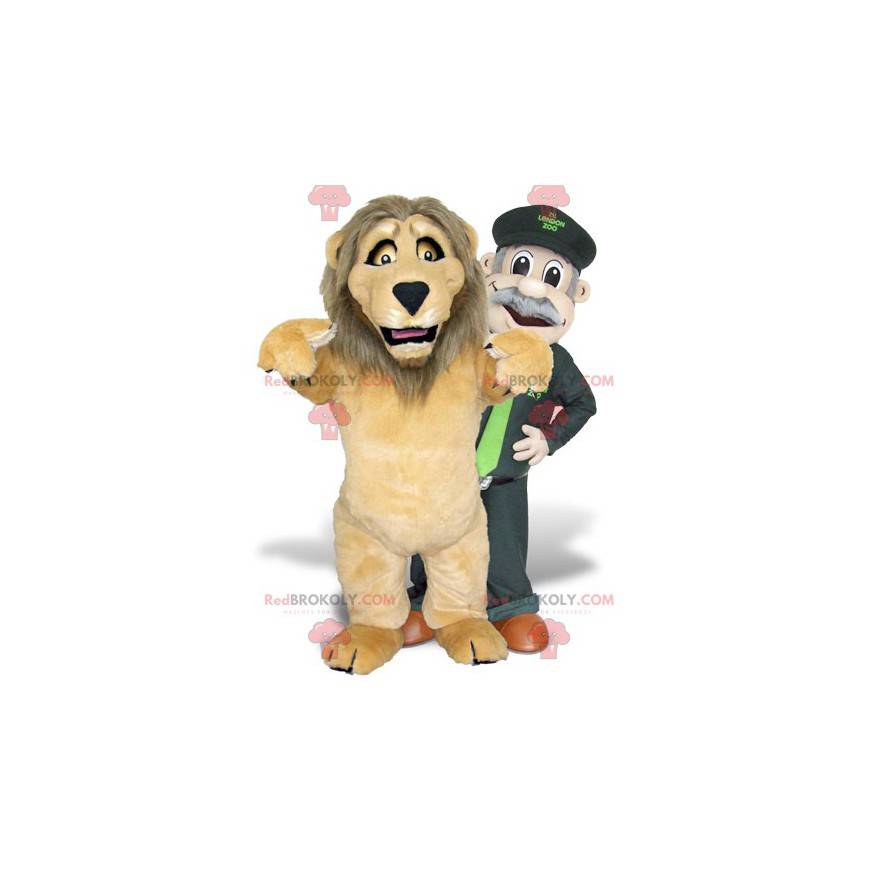 2 mascotte un leone marrone e un guardiano dello zoo -