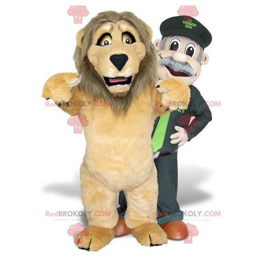 2 mascottes un lion marron et un gardien de zoo - Redbrokoly.com