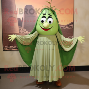 Olive Spaghetti mascot costume character dressed with a Skirt and Shawl pins