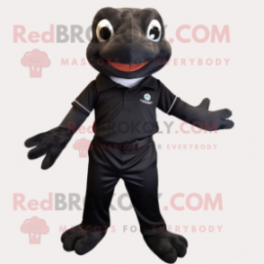 Black Frog mascot costume character dressed with a Polo Tee and Bracelets