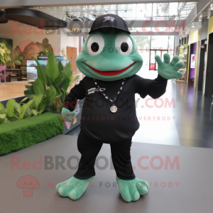 Black Frog mascot costume character dressed with a Polo Tee and Bracelets