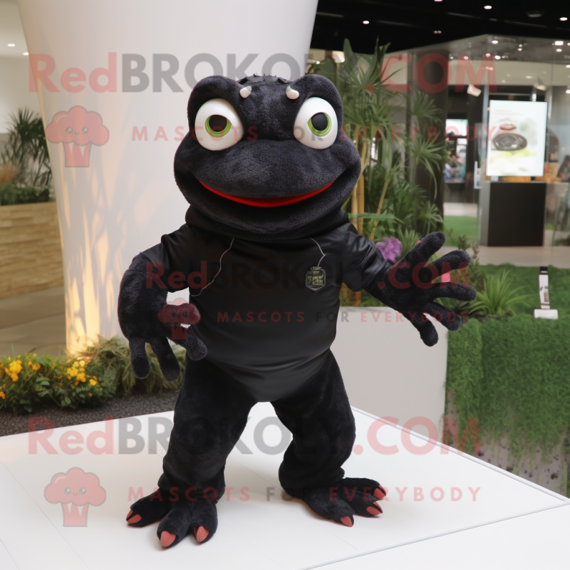 Black Frog mascot costume character dressed with a Polo Tee and Bracelets