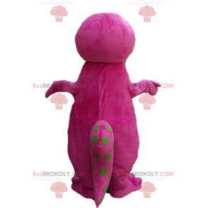 Plump and funny giant pink and green dinosaur mascot -