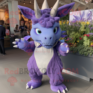 Lavender Triceratops mascot costume character dressed with a Circle Skirt and Mittens