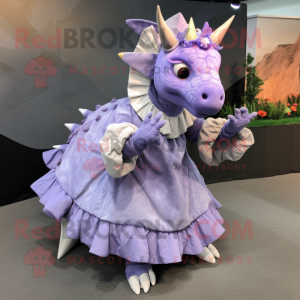 Lavender Triceratops mascot costume character dressed with a Circle Skirt and Mittens
