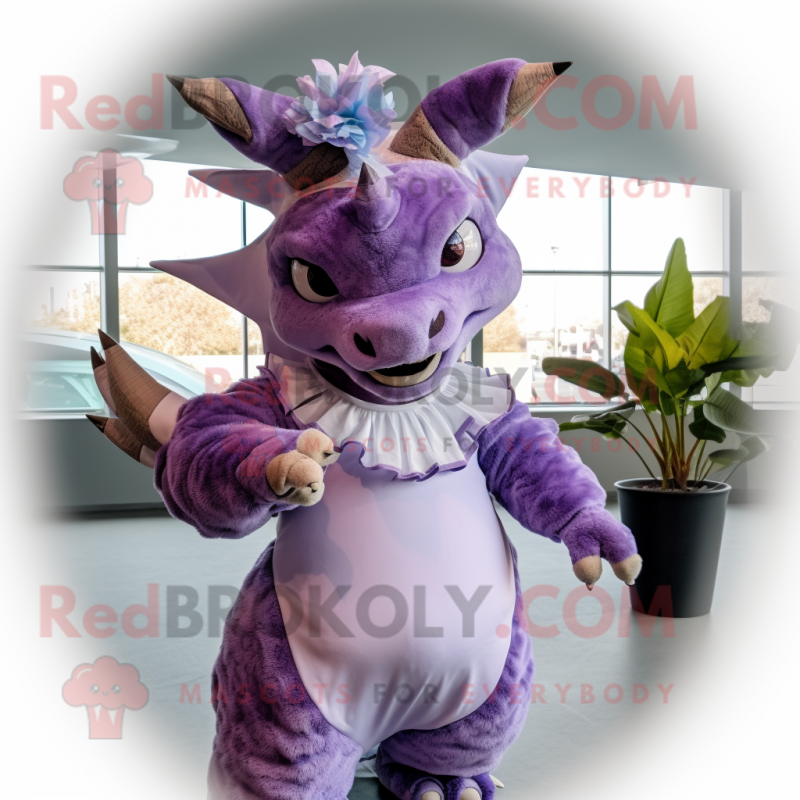 Lavender Triceratops mascot costume character dressed with a Circle Skirt and Mittens