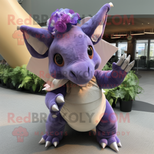 Lavender Triceratops mascot costume character dressed with a Circle Skirt and Mittens