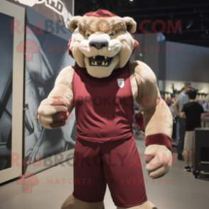 Maroon Smilodon mascot costume character dressed with a Tank Top and Suspenders