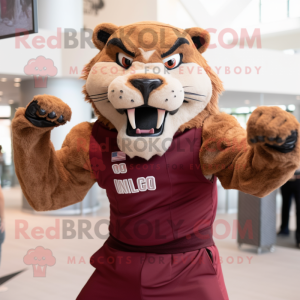 Maroon Smilodon mascot costume character dressed with a Tank Top and Suspenders