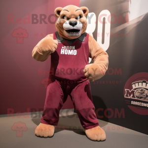 Maroon Smilodon mascot costume character dressed with a Tank Top and Suspenders