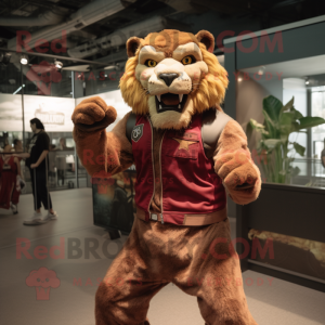 Maroon Smilodon mascot costume character dressed with a Tank Top and Suspenders