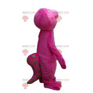 Mascotte dinosauro gigante rosa e verde paffuto e divertente -