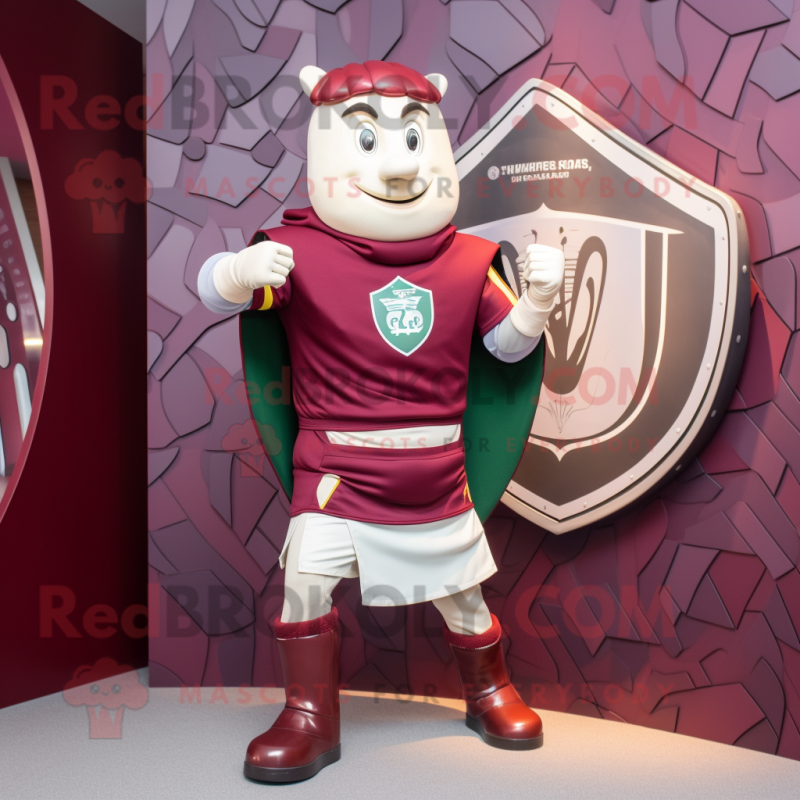 Maroon Celtic Shield mascot costume character dressed with a Running Shorts and Mittens Maroon Celtic Shield mascot costume character dressed with a Running Shorts and Mittens
